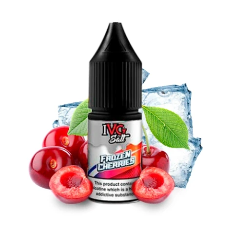 Frasco de IVG Salts Frozen Cherries con tapón negro, rodeado de cerezas enteras y partidas, hojas verdes y cubitos de hielo.