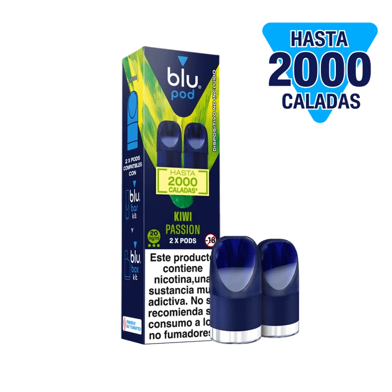 Envase de Blu Kiwi Passion y pods azules sobre fondo negro, con las indicaciones de 20 mg/ml y hasta 2000 caladas.