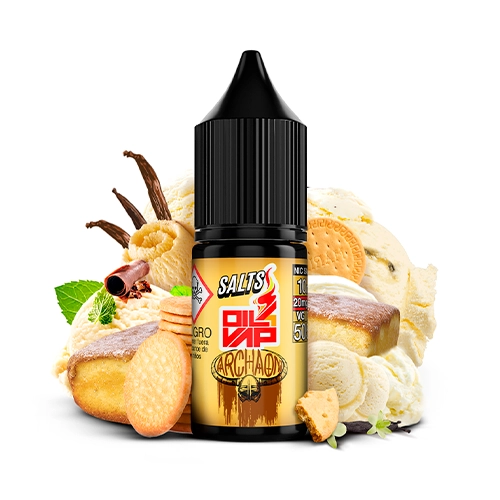Frasco de Oil4Vap Salts Archaon con tapón negro, rodeado de galletas, porciones de bizcocho, helado y vainas de vainilla.
