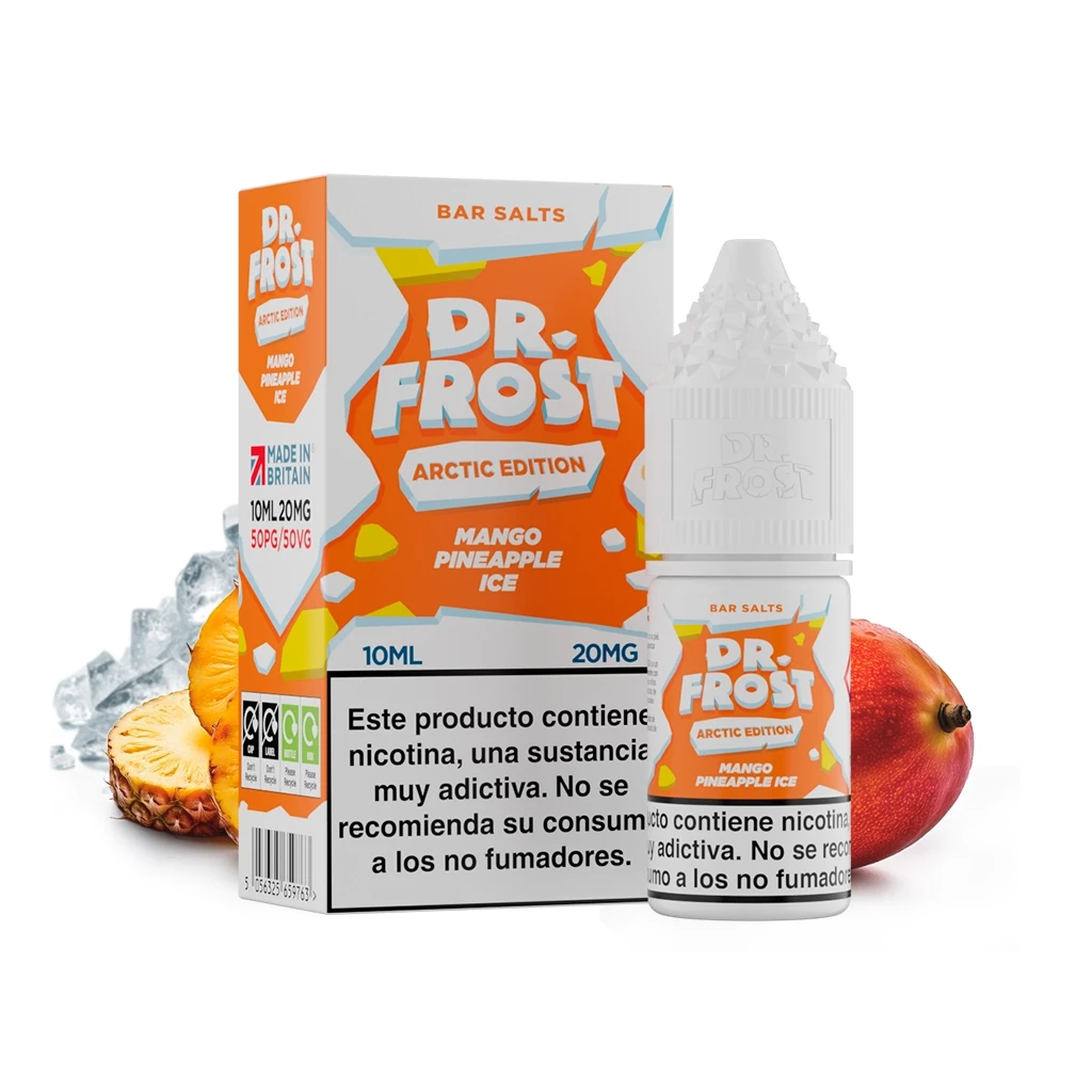 Caja y frasco Dr Frost Mango Pineapple Ice de 10 ml y 20 mg, con etiquetas naranjas, aviso de nicotina, mango, piña y hielo.
