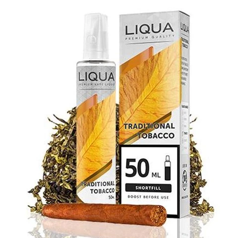 Frasco y caja de Liqua Traditional Tobacco Shortfill de 50 ml, con hojas amarillas en el diseño y tabaco alrededor.