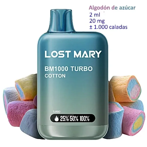 Vaper Lost Mary BM1000 Turbo Cotton verde azulado, rodeado de dulces de colores, con texto de 2 ml, 20 mg y unas 1.000 caladas.