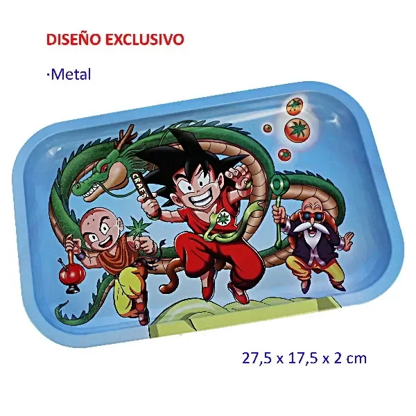 Bandeja para liar de borde azul y esquinas redondeadas, decorada con personajes de anime y un dragón verde sobre fondo celeste.