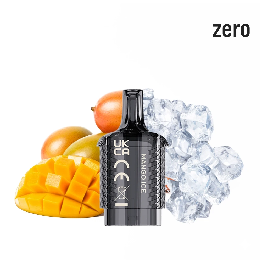 Pod Vista Plug Mango Ice Zero negro, con boquilla superior y texto Mango Ice, rodeado de mangos y cubitos de hielo.