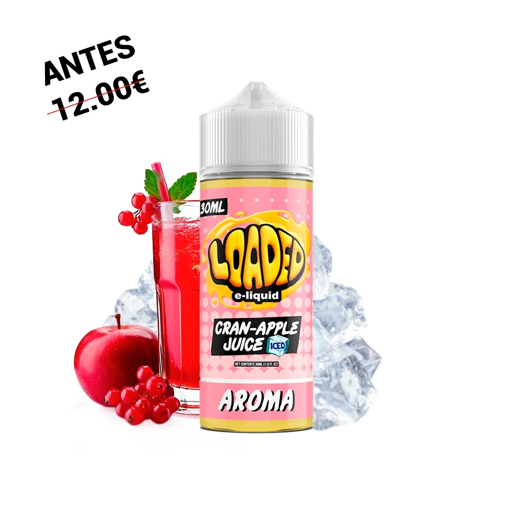 Bote Loaded Cran Apple Ice de 30 ml con etiqueta rosa, junto a un vaso de bebida roja, una manzana, frutos rojos y hielo.