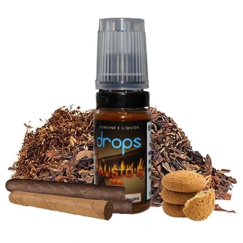 Frasco ámbar de Drops Fausto's Deal con tapón translúcido, rodeado de hojas de tabaco, cigarros y galletas sobre fondo blanco.