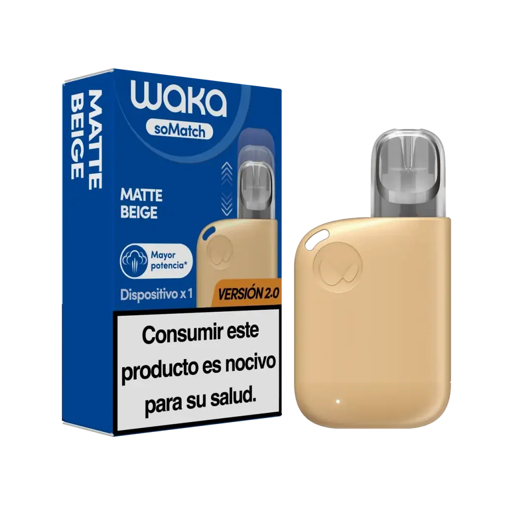 Waka soMatch Mini Kit beige con boquilla translúcida junto a su caja azul, rotulada Matte Beige y Versión 2.0, sobre fondo negro.