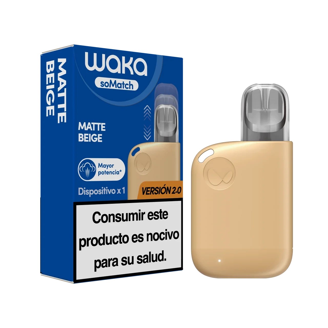 Waka soMatch Mini Kit beige con boquilla translúcida junto a su caja azul, rotulada Matte Beige y Versión 2.0, sobre fondo negro.