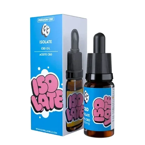 Aceite CBD Isolate Gorilla Grillz en frasco ámbar con cuentagotas negro, junto a su caja azul con letras rosas.