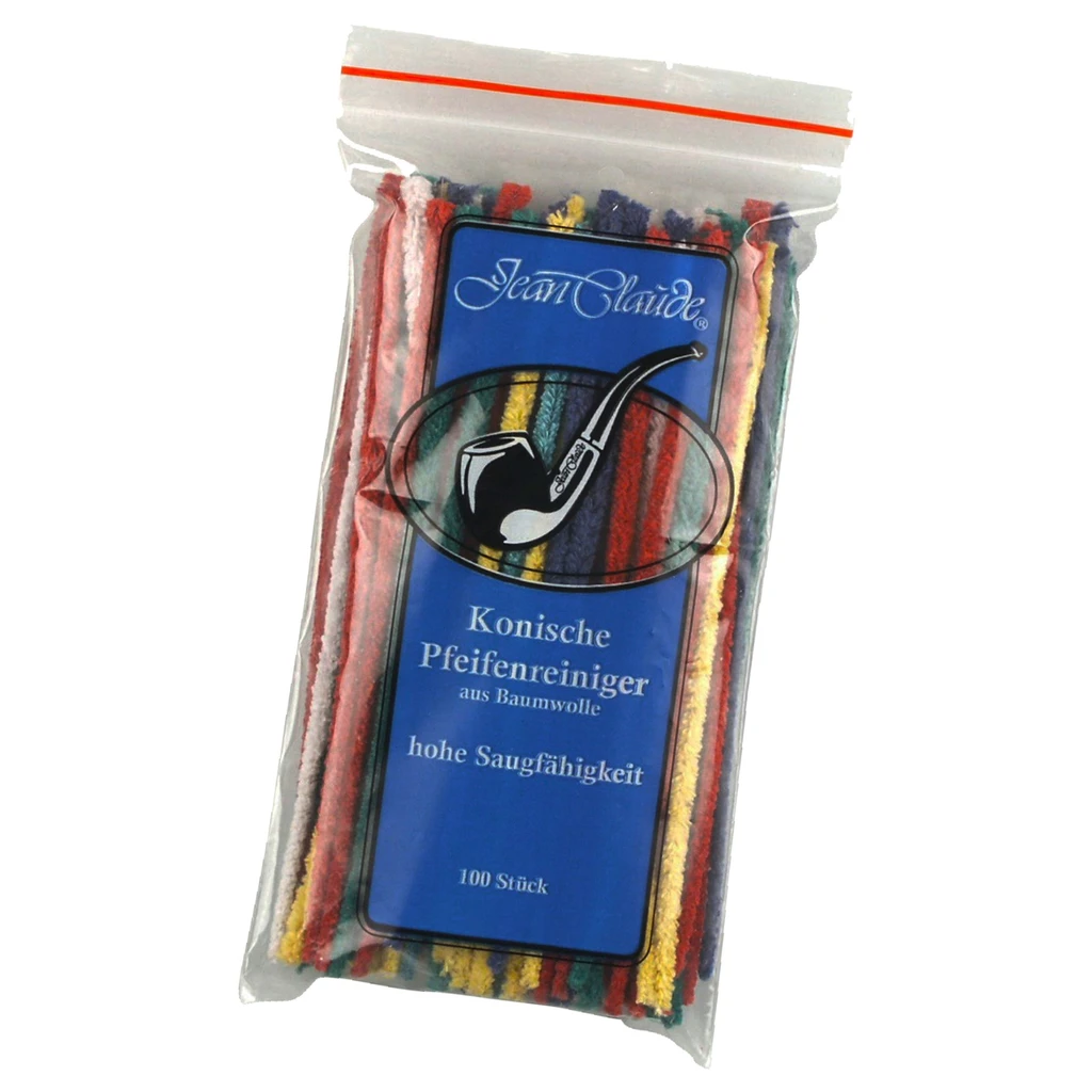 Bolsa transparente de limpiapipas cónicos de colores Jean Claude, con etiqueta azul, dibujo de una pipa e indicación de 100 unidades. Bolsa transparente de limpiapipas cónicos de colores Jean Claude, con etiqueta azul, dibujo de una pipa e indicación de 100 unidades.
