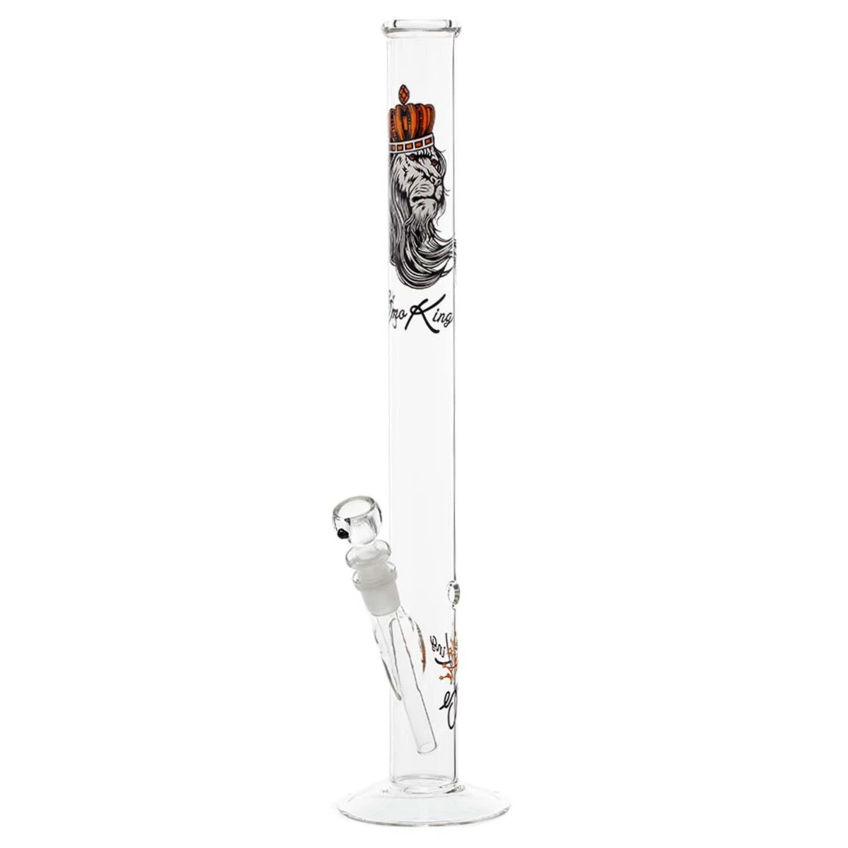 Bong transparente de tubo recto con base circular, cazoleta lateral inclinada y dibujo de un león con corona naranja.
