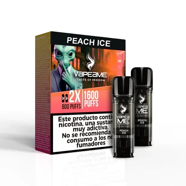 Cápsulas negras To Revive Peach Ice junto a su caja, con un personaje alienígena, la indicación de 1600 caladas y una advertencia sobre nicotina.