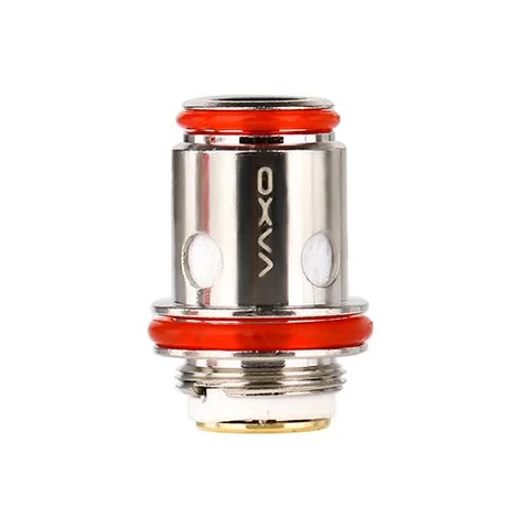 Resistencia Oxva Uni Coil en primer plano sobre fondo blanco, con cuerpo plateado, juntas rojas y aberturas laterales blancas.