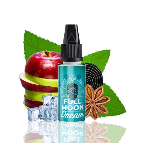 Frasco Full Moon Dream con etiqueta turquesa y tapón negro, rodeado de manzana, hojas verdes, hielo, anís estrellado y una espiral negra.