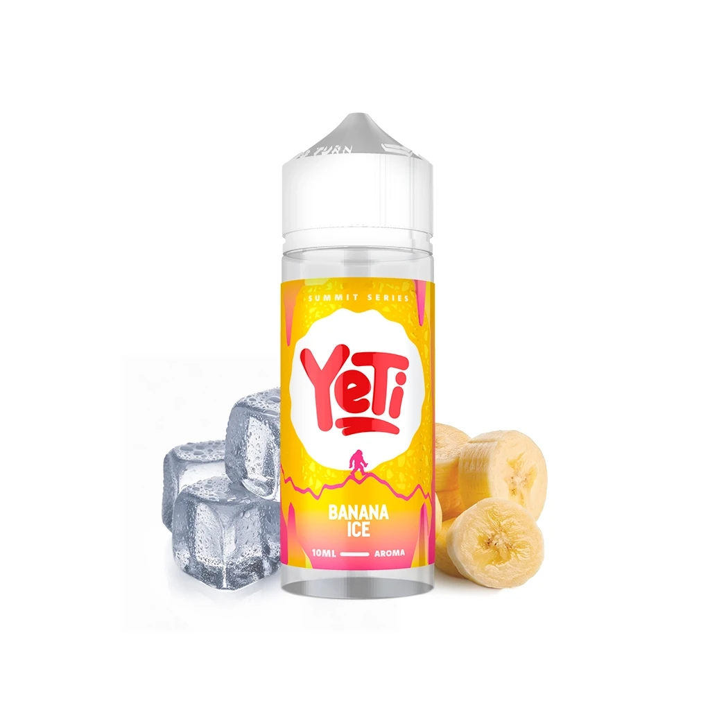 Frasco Yeti Summit Series Banana Ice con tapón blanco y etiqueta amarilla y rosa, acompañado de rodajas de plátano y cubitos de hielo.