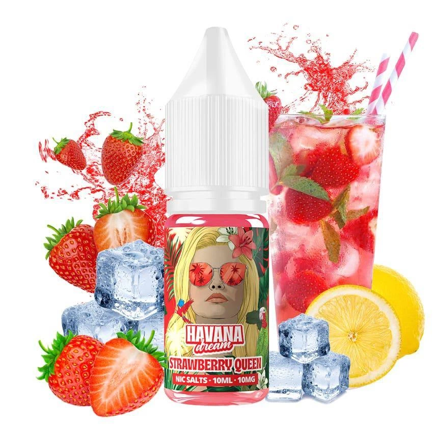 Frasco de Strawberry Queen Salts de Havana Dream con fresas, cubitos de hielo, limón y un vaso de bebida rosada con pajitas.