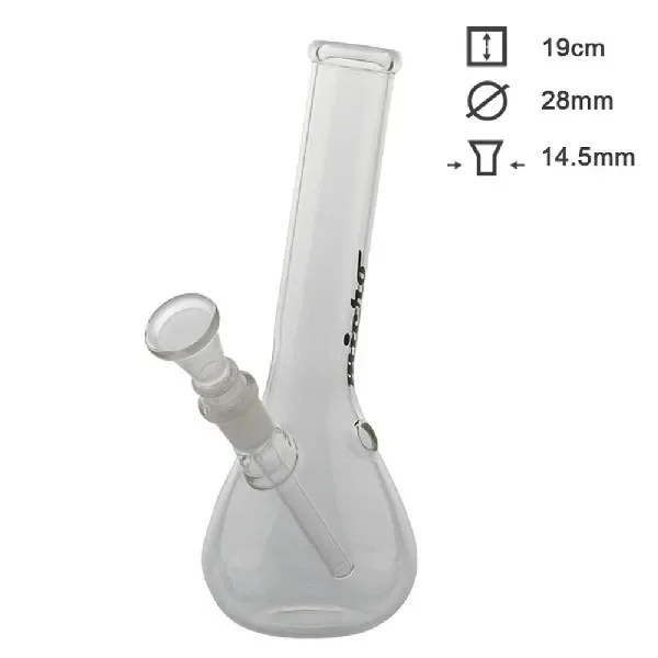 Bong de cristal transparente de 19 cm, con base abombada, cuello largo y cazoleta lateral inclinada sobre fondo blanco.