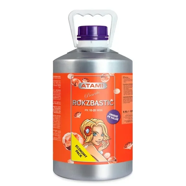 Bidón de Rokzbastic Atami de 5,5 L, con asa blanca, tapón morado y etiqueta naranja con la indicación PK 10-20.