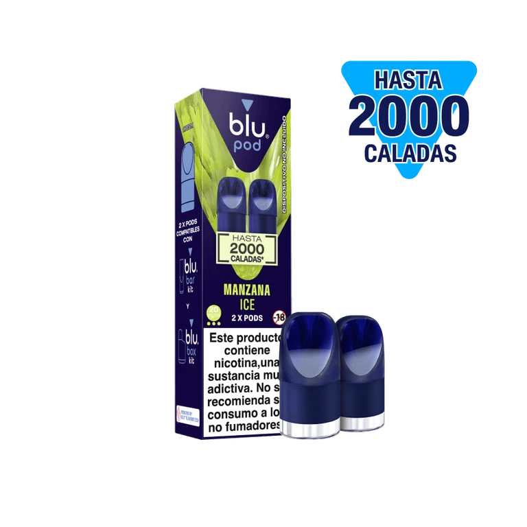 Pods azules Blu Manzana Ice junto a su caja verde y morada sobre fondo negro, con aviso de nicotina y texto «Hasta 2000 caladas».