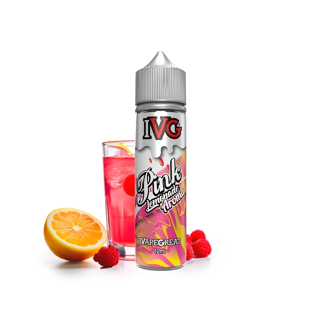 Frasco IVG Pink Lemonade de 12 ml con tapón gris, delante de un vaso de bebida rosa, medio limón y frambuesas.