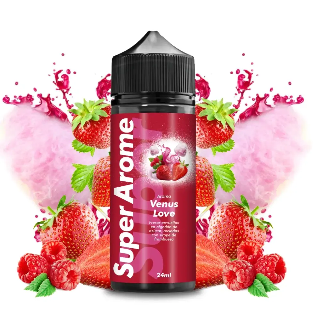 Bote de Aroma Venus Love de Super Arome con etiqueta roja y tapón negro, rodeado de fresas, frambuesas y algodón de azúcar rosa.