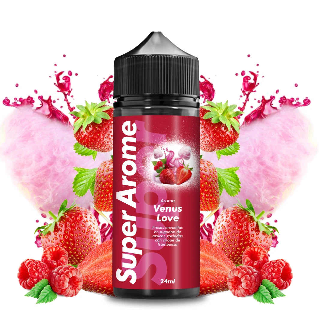 Bote de Aroma Venus Love de Super Arome con etiqueta roja y tapón negro, rodeado de fresas, frambuesas y algodón de azúcar rosa.