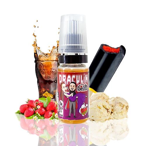 Frasco Draculin Salts con tapón transparente y etiqueta de vampiro, rodeado de fresas, helado, un vaso de bebida oscura y una golosina.