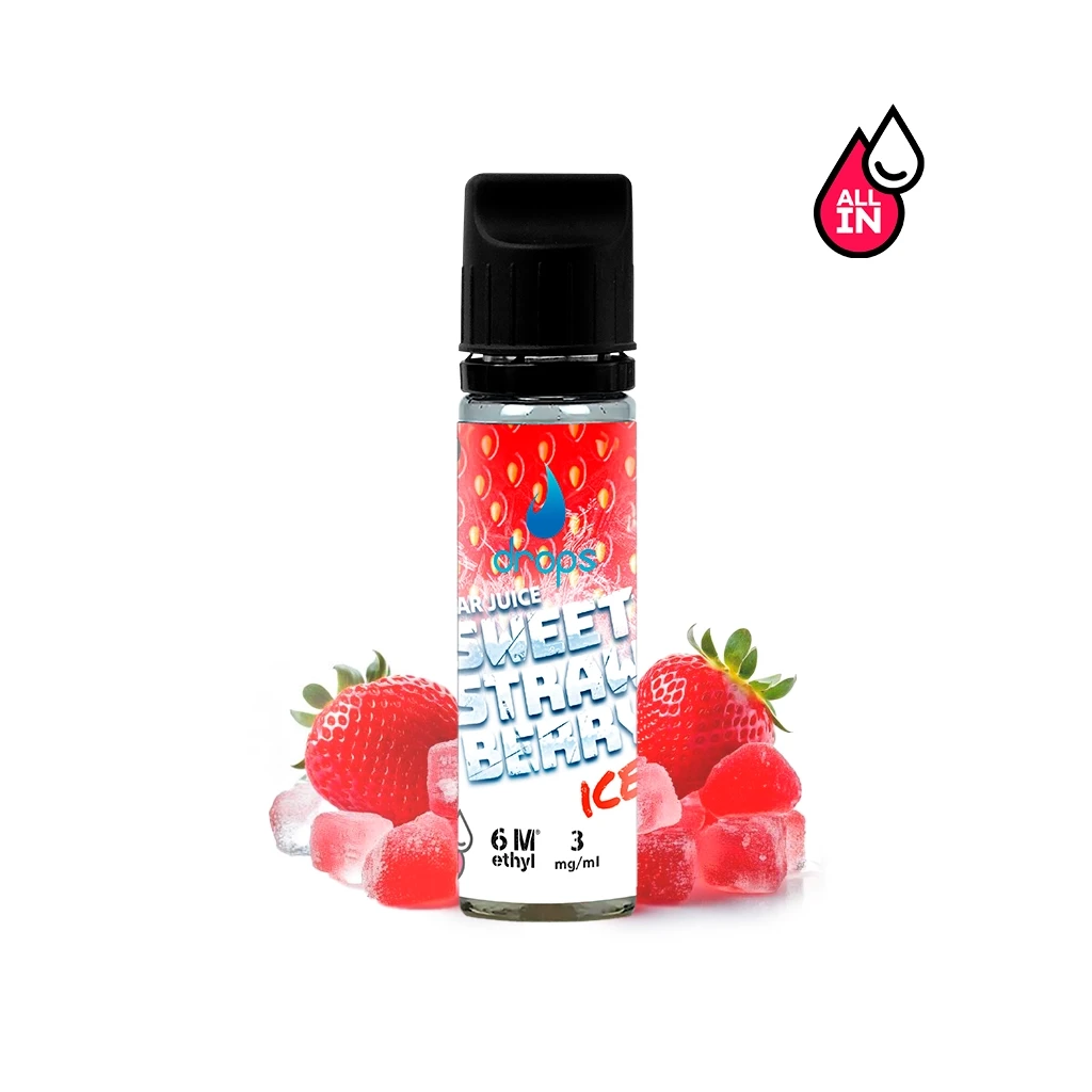 Frasco de e-líquido Drops Sweet Strawberry Ice con tapón negro y etiqueta roja, rodeado de fresas y cubitos rosados sobre fondo blanco.