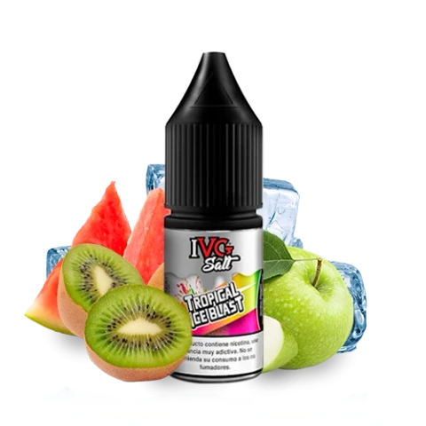 Frasco de IVG Salts Tropical Ice Blast con tapón negro, rodeado de kiwi, sandía, manzana verde y cubitos de hielo sobre fondo negro.