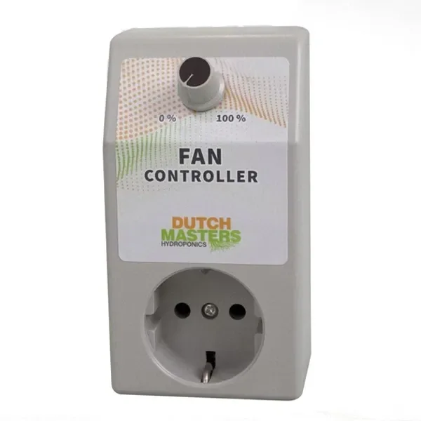 Fan Controller DM-1000 Dutch Masters gris, con mando giratorio marcado de 0 % a 100 % y toma de enchufe frontal.