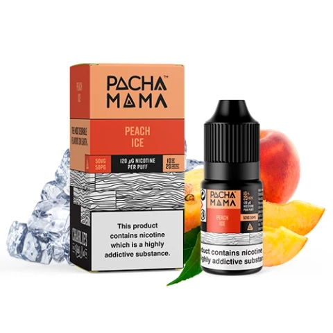 Frasco y caja de Pachamama Peach Ice con etiquetas naranjas, junto a un melocotón, gajos y cubitos de hielo sobre fondo blanco.
