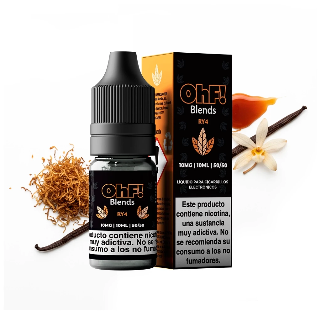 Frasco y caja de OhF! Blends RY4 en negro y naranja, con tabaco, vainilla y caramelo alrededor y advertencia de nicotina visible.