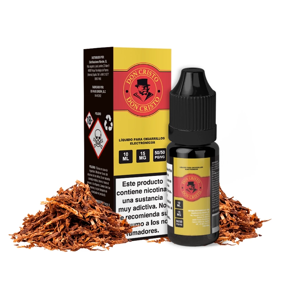 Frasco y caja de Don Cristo en amarillo, rojo y negro, rodeados de tabaco picado, con etiquetas de 10 ml, 15 mg y advertencia de nicotina.