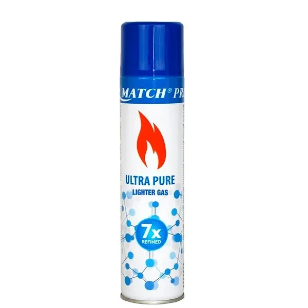 Bote de gas Ultra Pure con tapón azul, llama roja y etiqueta blanca con las inscripciones «Lighter Gas» y «7x Refined».