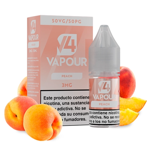 Frasco y caja de V4 Vapour Peach con etiqueta rosa marcada 3MG, rodeados de melocotones sobre fondo blanco.