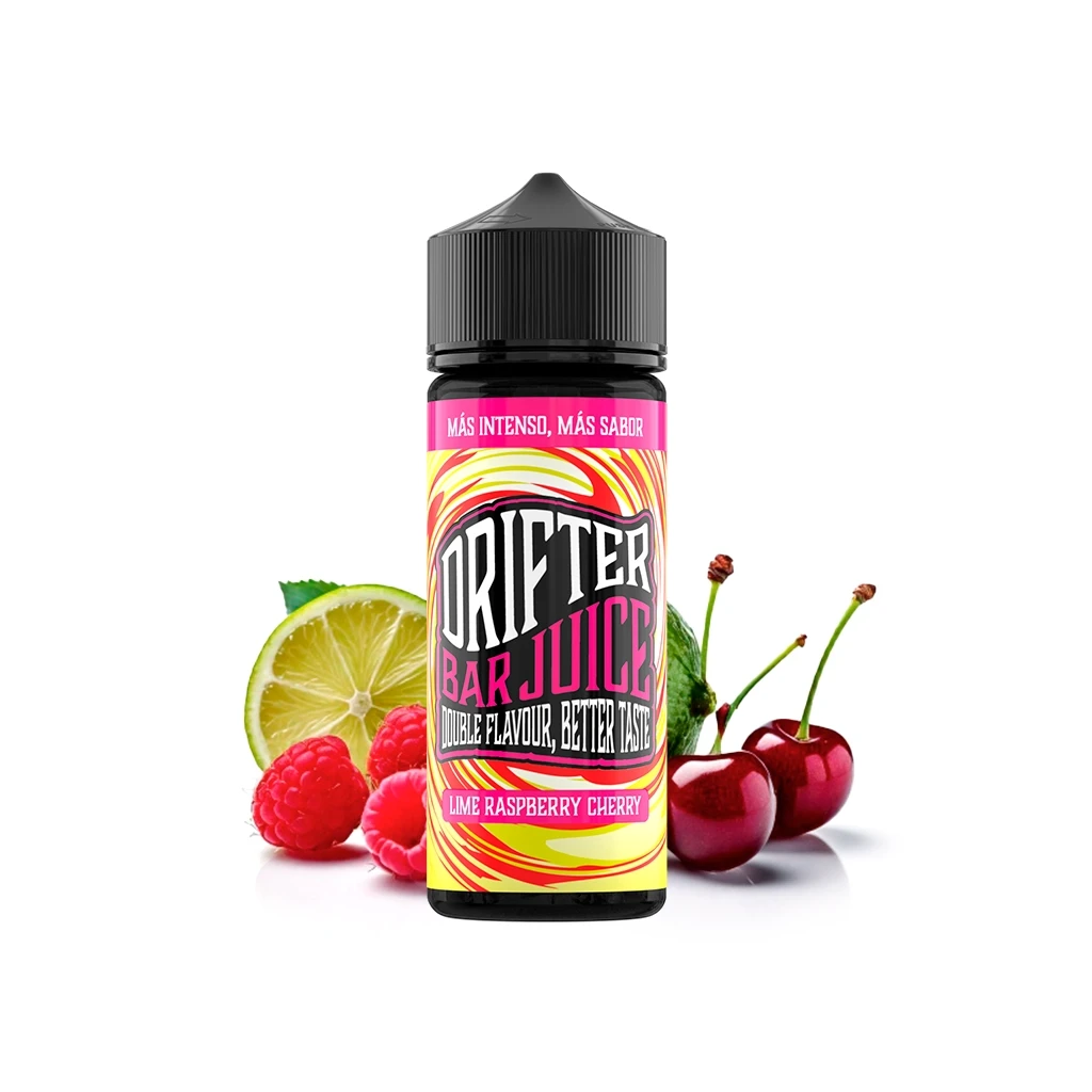 Botella Drifter Bar Juice Lime Raspberry Cherry con tapón negro y etiqueta rosa y amarilla, rodeada de lima, frambuesas y cerezas.