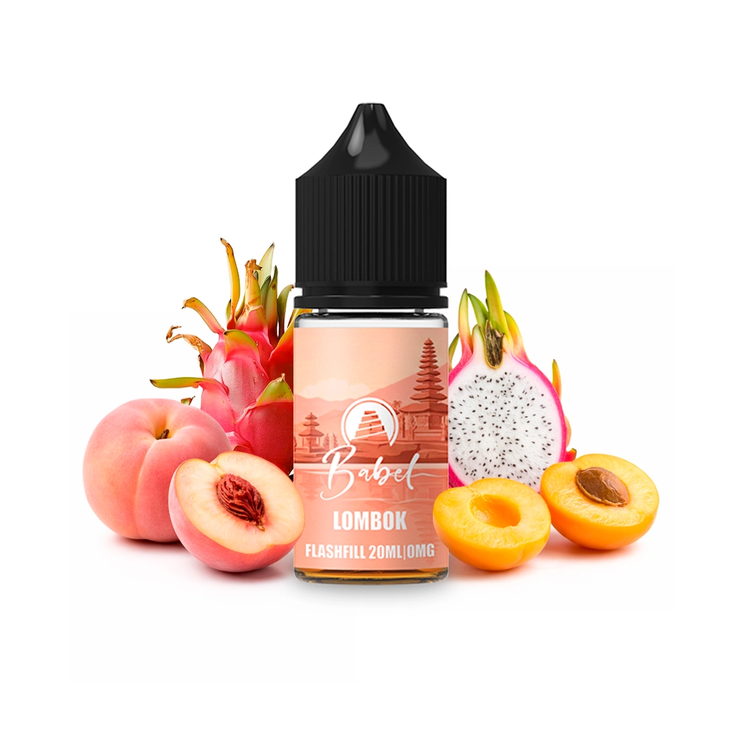 Frasco Babel Lombok Flashfill con tapón negro y etiqueta salmón, rodeado de melocotón, pitahaya y frutas de hueso partidas.