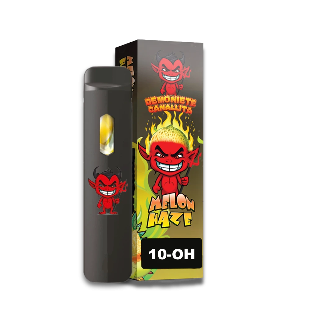 Pod negro con ventana vertical junto a su caja Demoniete Canallita Melon Haze, decorada con diablos rojos y el texto «10-OH».