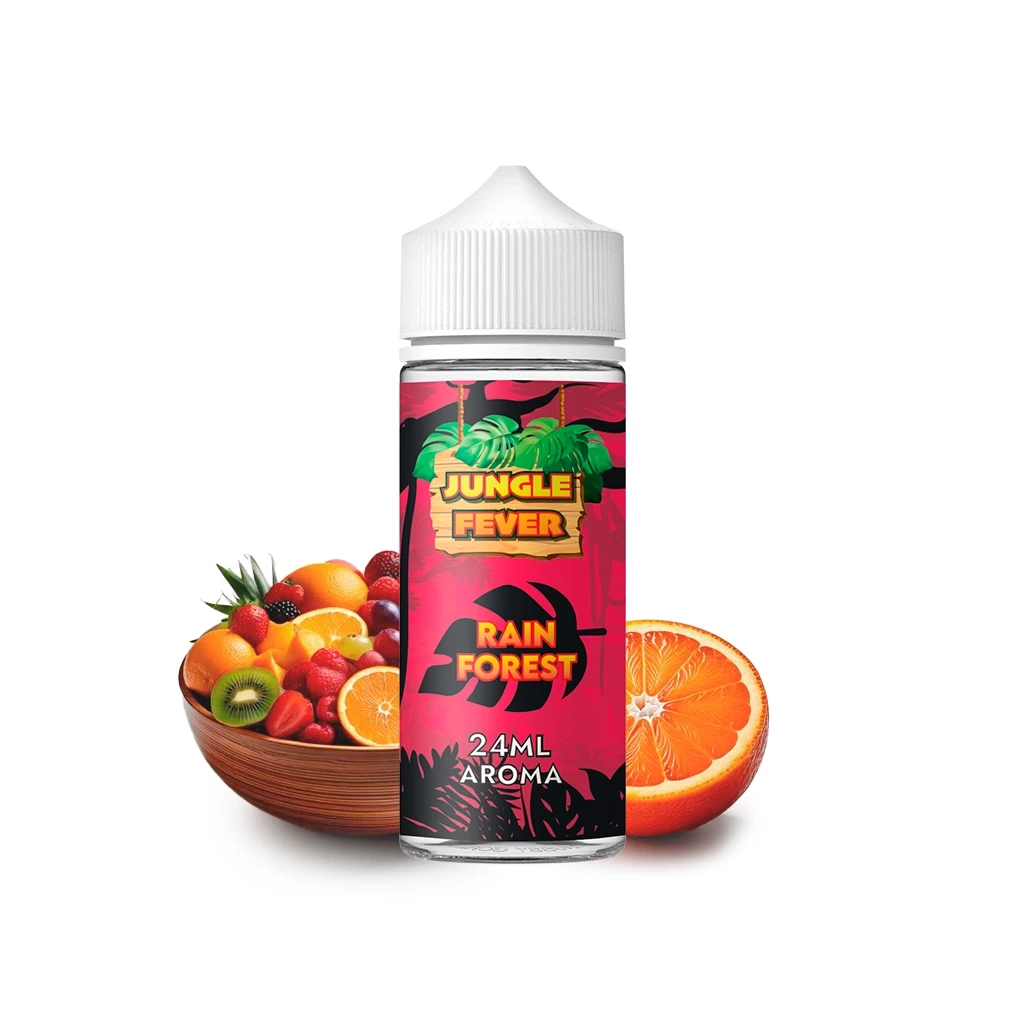 Frasco de Jungle Fever Rainforest con tapón blanco y etiqueta rosa de 24 ml de aroma, junto a un cuenco de frutas y media naranja.
