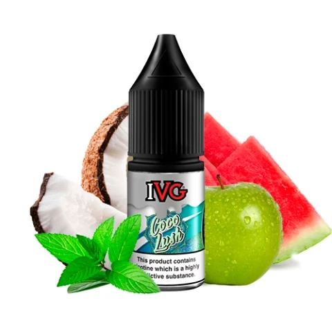 Frasco IVG Coco Lush con tapón negro y etiqueta turquesa, acompañado de coco abierto, sandía, manzana verde y hojas de menta.