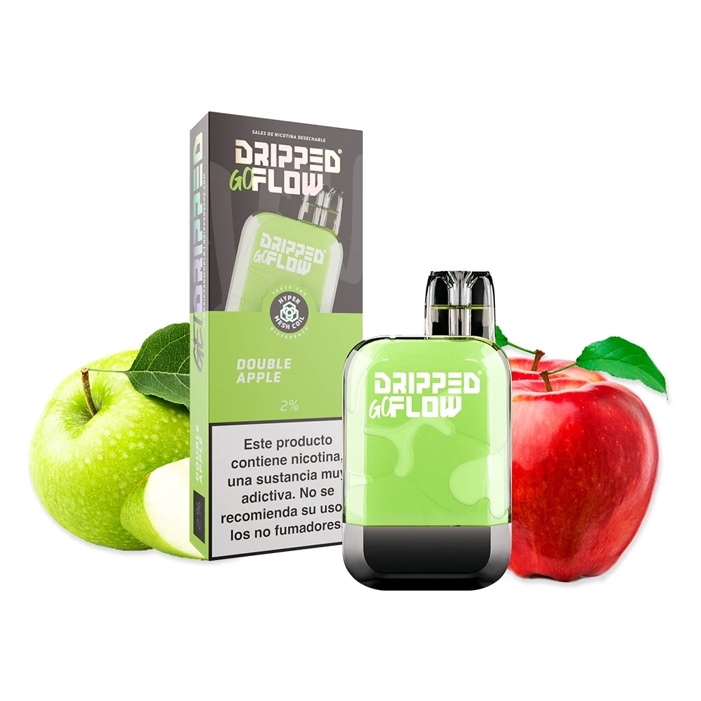 Vaper verde Dripped GoFlow Double Apple con boquilla oscura, junto a su caja y manzanas verdes y rojas sobre fondo blanco.