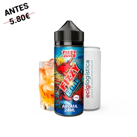 Bote Fizzy Juice Bull con tapón negro y etiqueta azul de aroma de 24 ml, delante de un vaso con hielo y una lata blanca.
