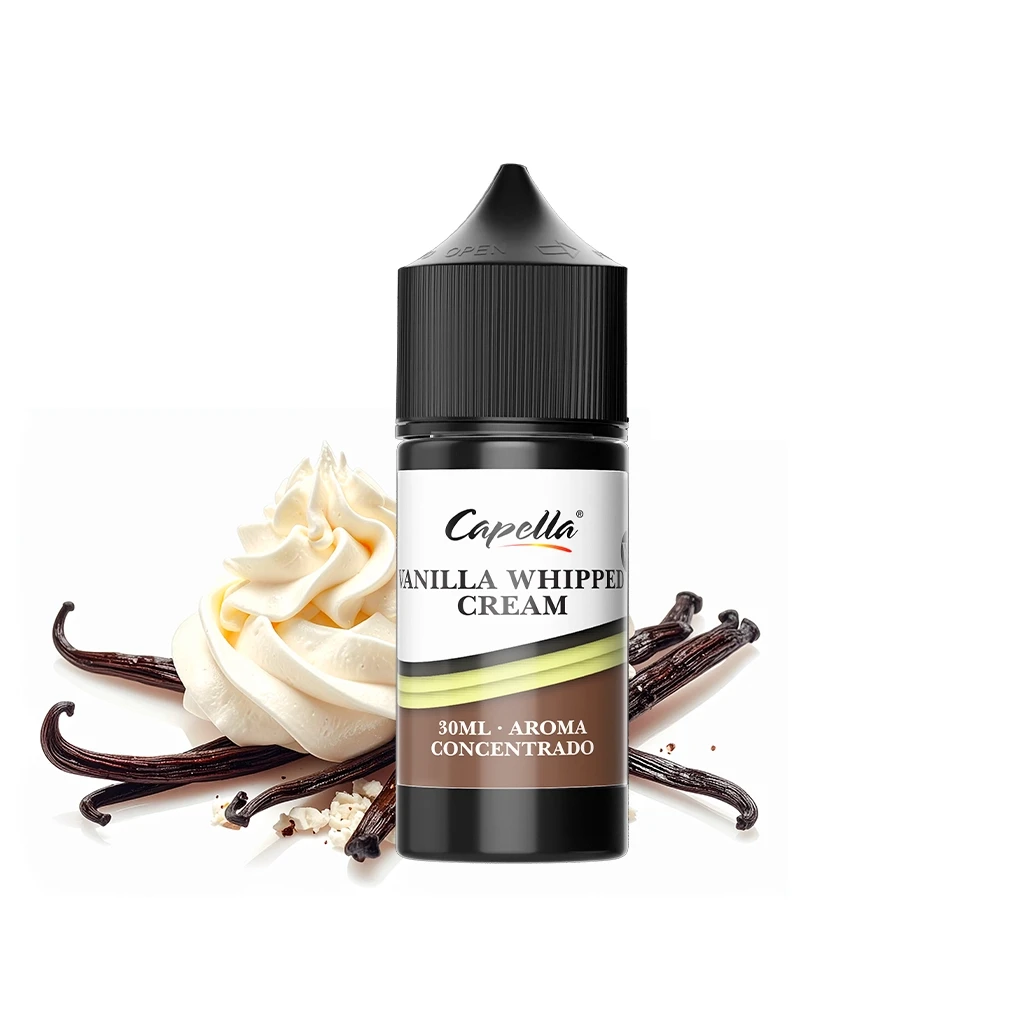 Bote de aroma Capella Vanilla Whipped Cream de 30 ml con tapón negro, acompañado de crema batida y vainas de vainilla.