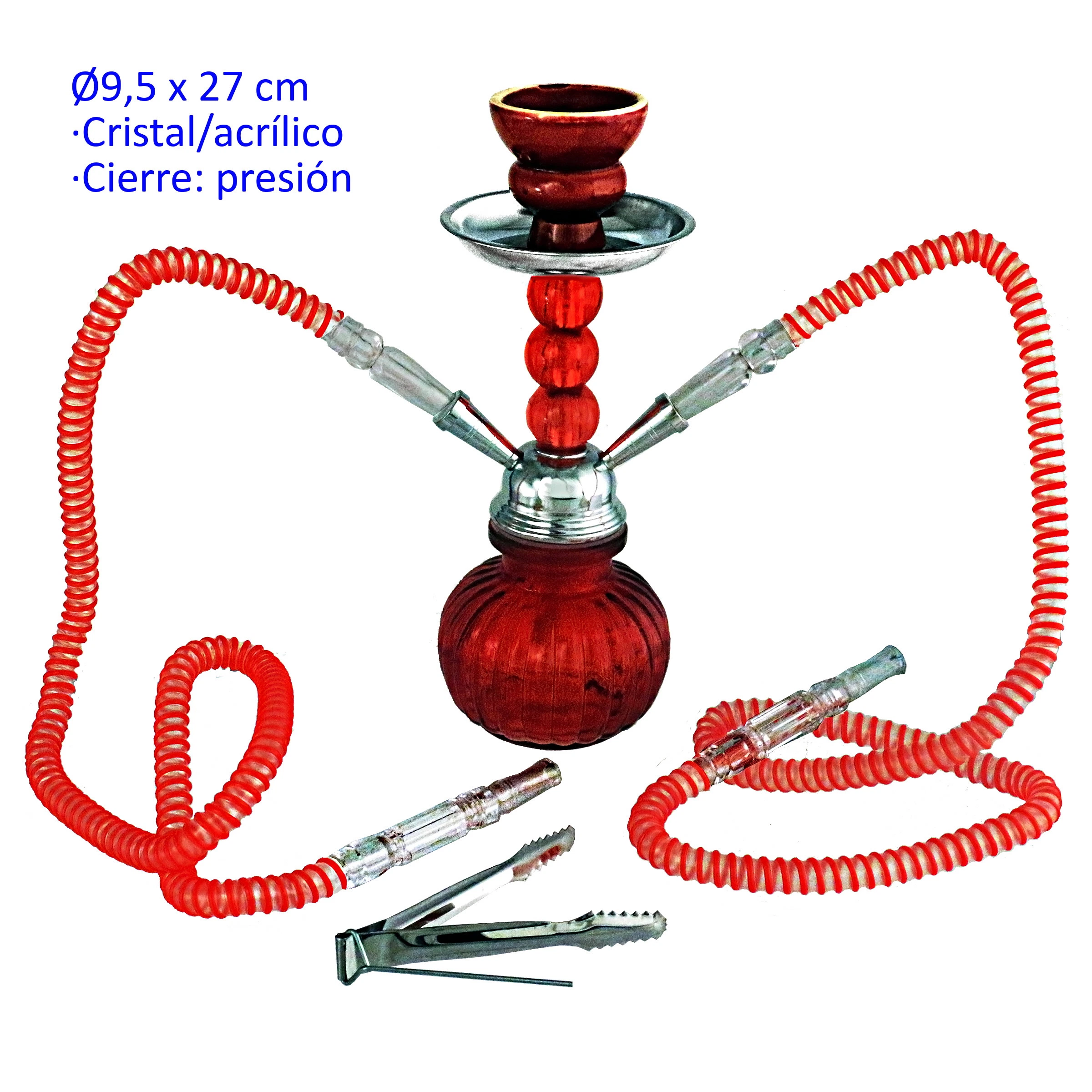 Shisha roja de base redondeada con dos mangueras en espiral, cazoleta superior, bandeja metálica y pinzas sobre fondo blanco.
