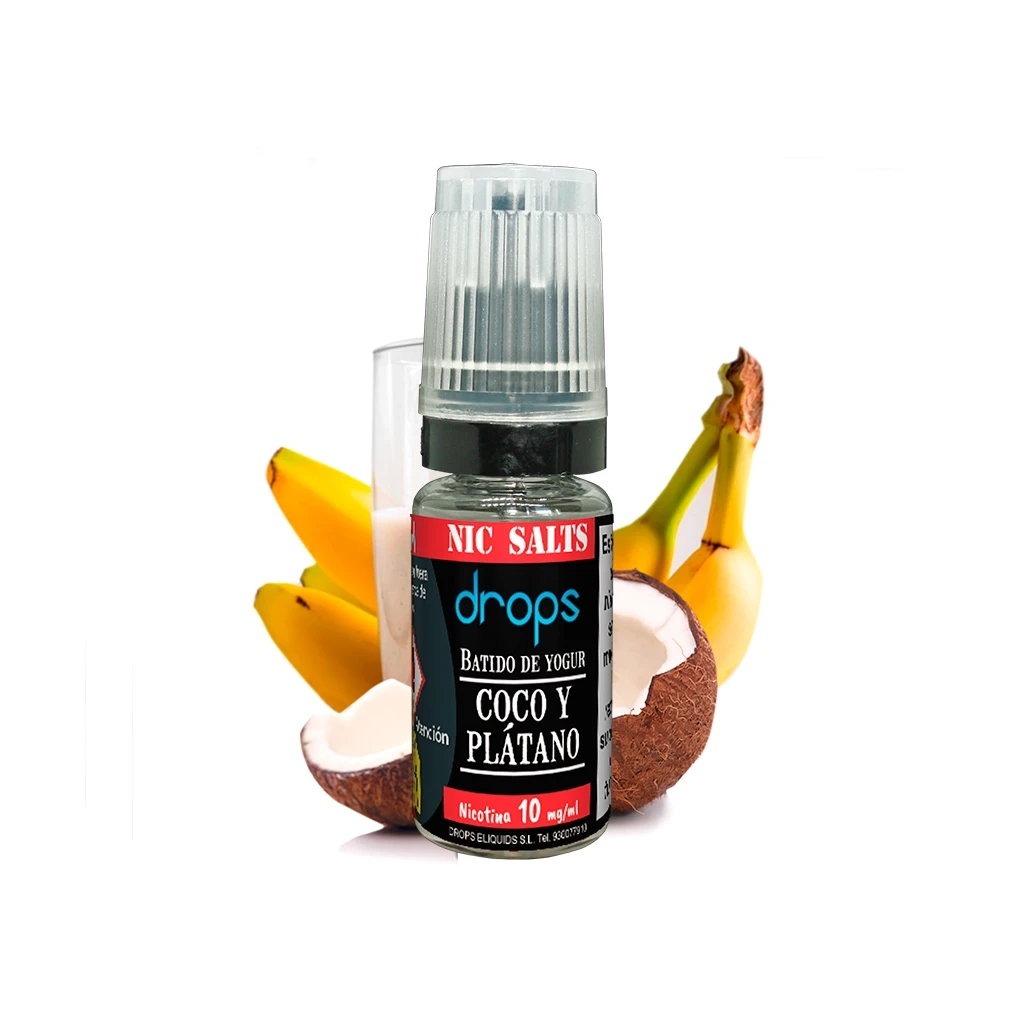 Frasco Drops de sales de nicotina Coco y Plátano, con etiqueta de 10 mg/ml y tapón translúcido, delante de plátanos y coco abierto.