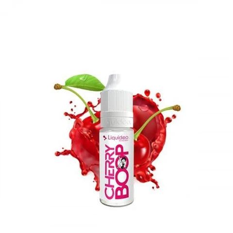 Frasco Cherry Boop de Liquideo con tapón blanco y letras rosas, delante de cerezas y una salpicadura roja sobre fondo blanco.