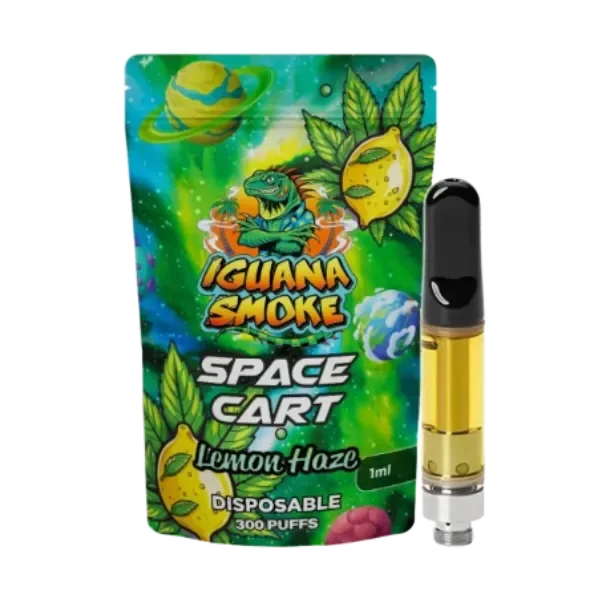Cartucho Lemon Haze de Iguana Smoke con líquido amarillo y boquilla negra, junto a su envase con limones y motivos espaciales.
