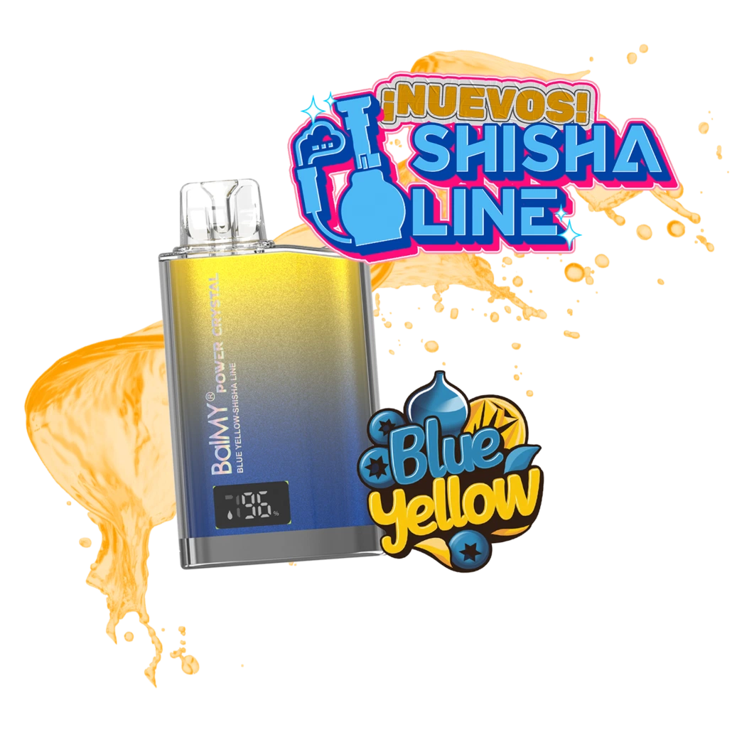 Pod Balmy Power Crystal Blue Yellow con degradado amarillo y azul, boquilla transparente y pantalla, sobre fondo negro con rótulo Shisha Line.