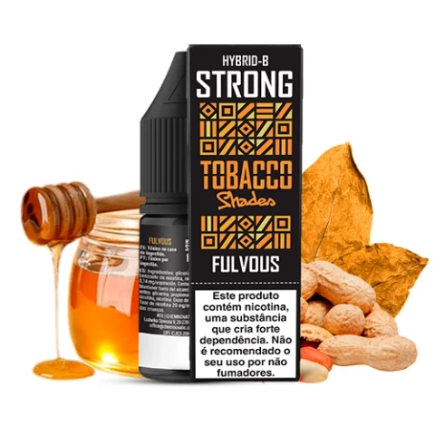 Frasco y caja negra y naranja de Tobacco Shades Fulvous, junto a un tarro de miel, cacahuetes y hojas de tabaco sobre fondo blanco.