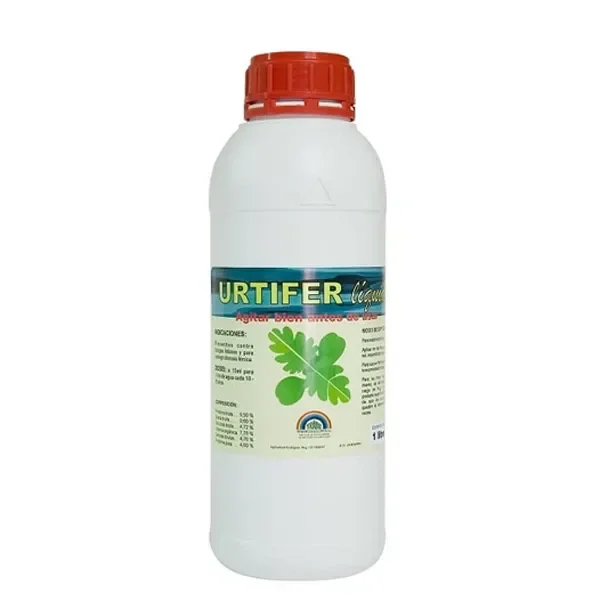 Botella blanca Urtifer Trabe de 1 L, con tapón rojo y etiqueta verde con una ilustración de hojas, sobre fondo blanco.